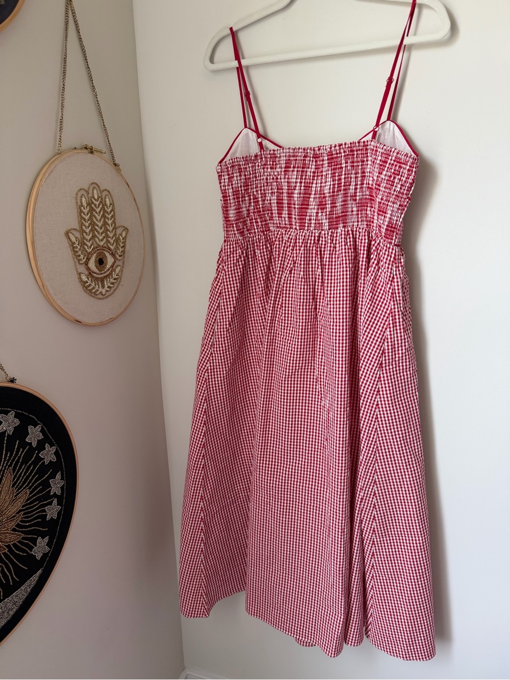 Red Gingham Spaghetti Strap cotton Midi Dress - Picture 5 of 6